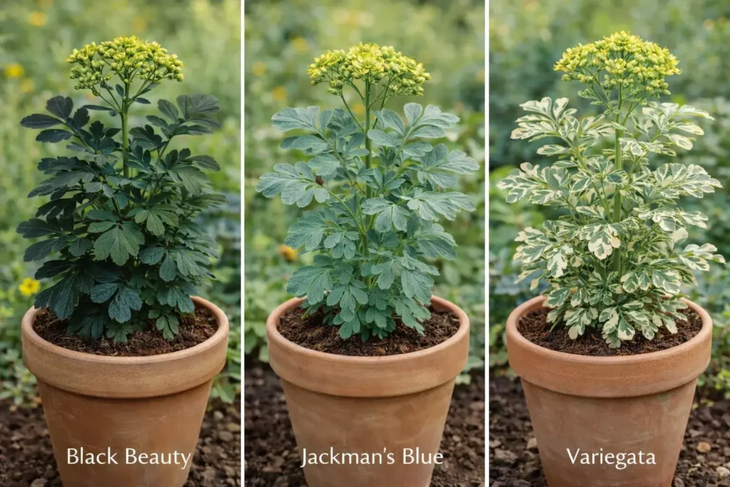 types-of-rue-plant-Black-Beauty-Jackman-Blue-Variegata