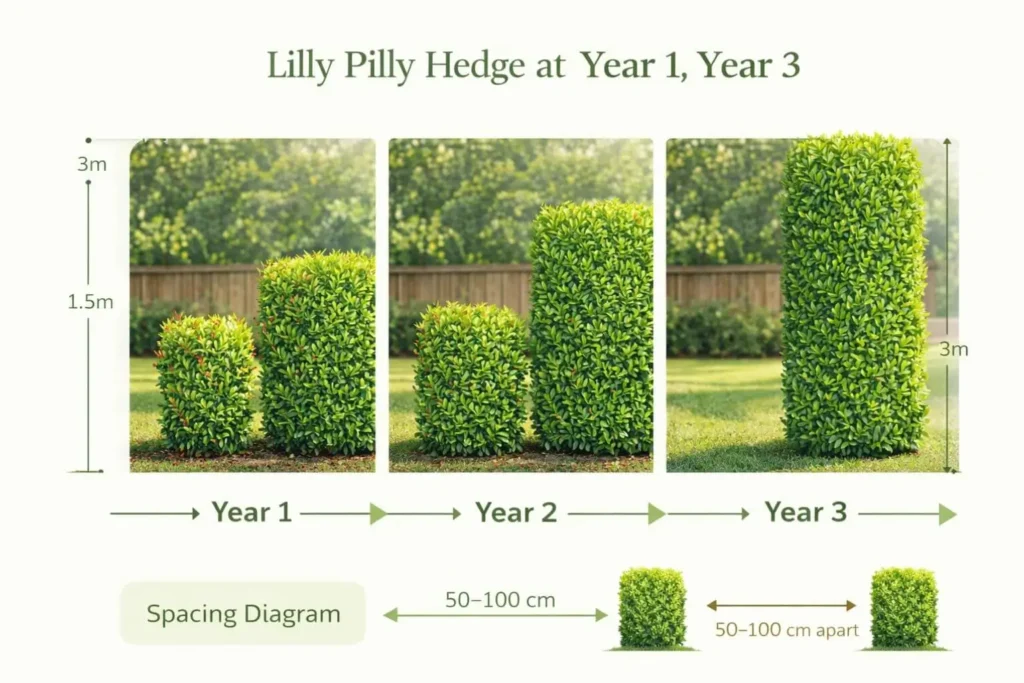 Side-by-side infographic of lilly pilly hedge growth at Year 1, Year 2, and Year 3, showing increasing height and density with 1.5m–3m height markers and recommended 50–100 cm planting spacing diagram in a clean landscape layout.
