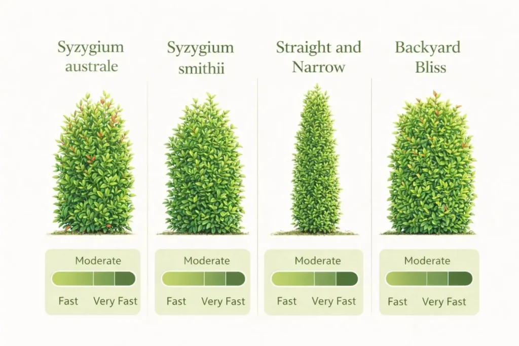 Comparison chart infographic of Syzygium australe, Syzygium smithii, Straight and Narrow, and Backyard Bliss varieties, showing vertical growth speed bars labeled Moderate, Fast, and Very Fast in a clean botanical garden guide design with green gradient meters.