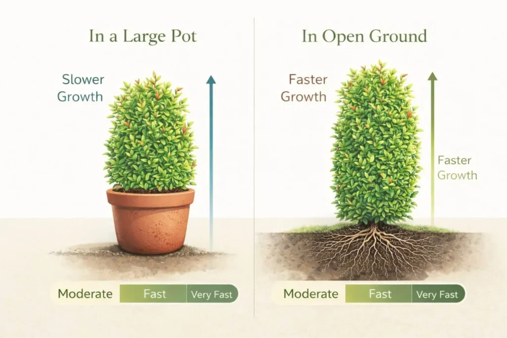 Split comparison infographic of lilly pilly grown in a large pot versus open ground, showing slower growth in containers and faster growth in soil, with growth arrows and root system cross-section diagram in a clean modern gardening layout.