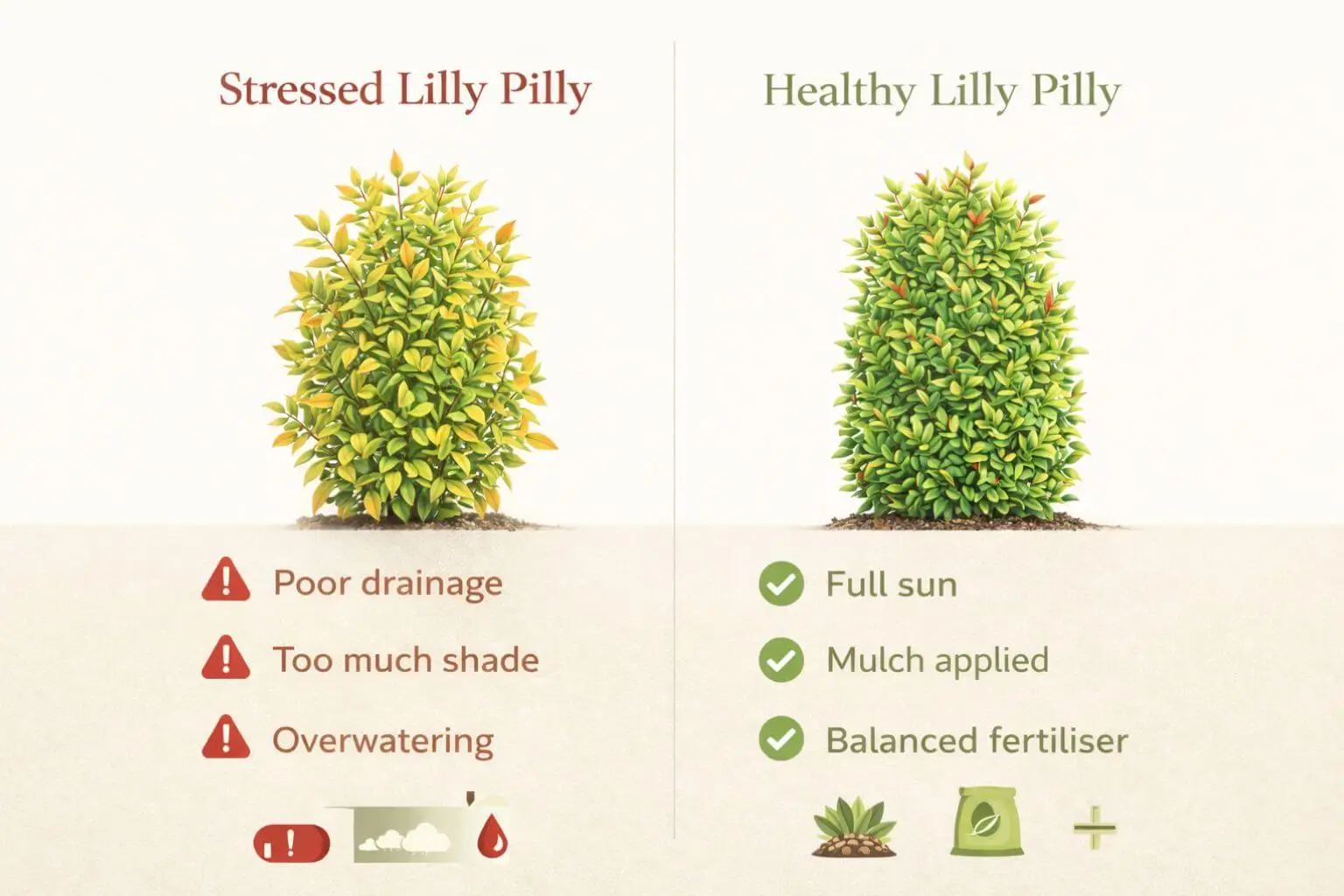 Problem and solution infographic showing stressed lilly pilly with yellow leaves caused by poor drainage, shade, and overwatering on the left, and a healthy green lilly pilly with sunlight, mulch, and fertiliser icons on the right, using red warning symbols and green check marks in a clean botanical design.