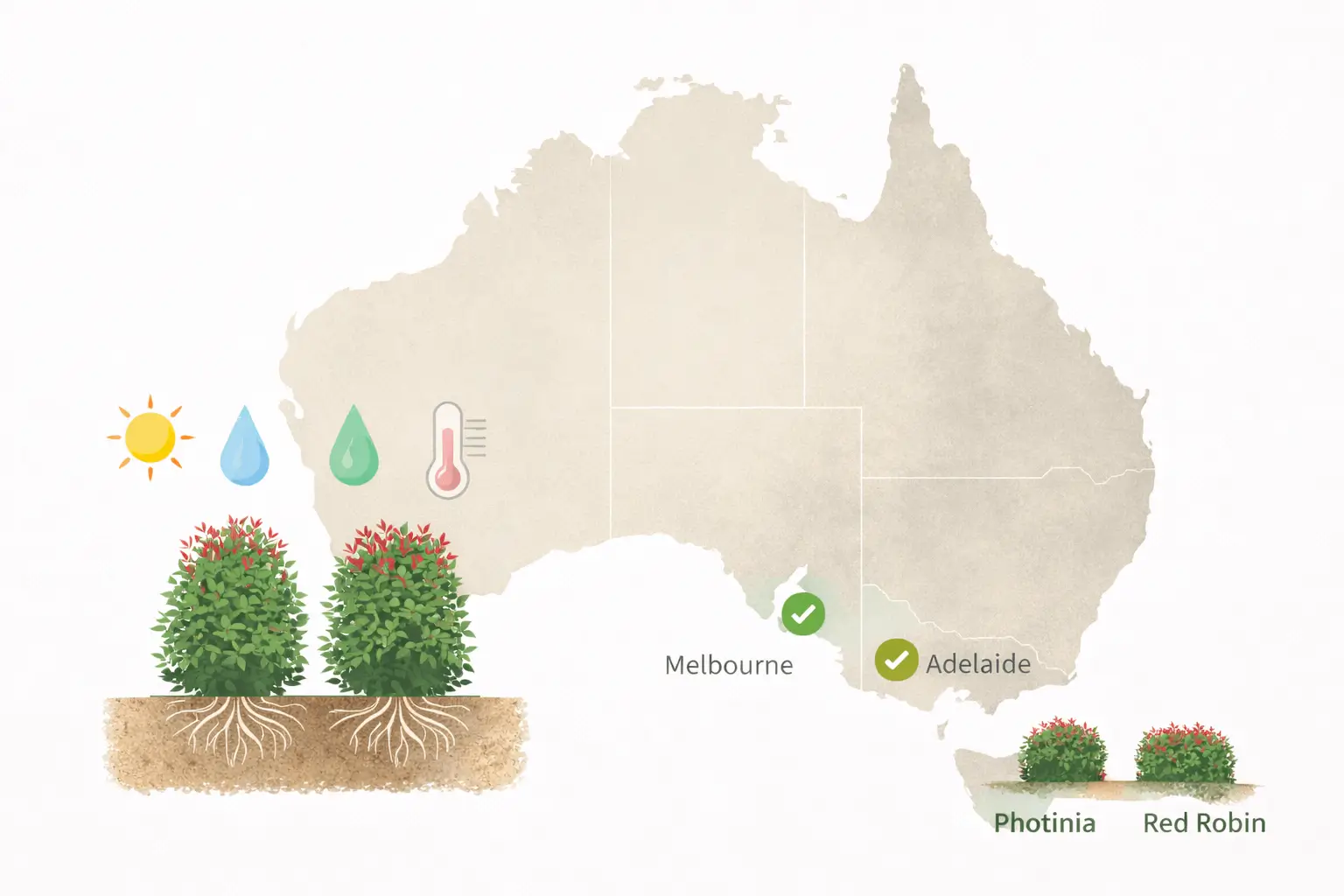 Photinia robusta vs red robin Australia climate suitability map infographic