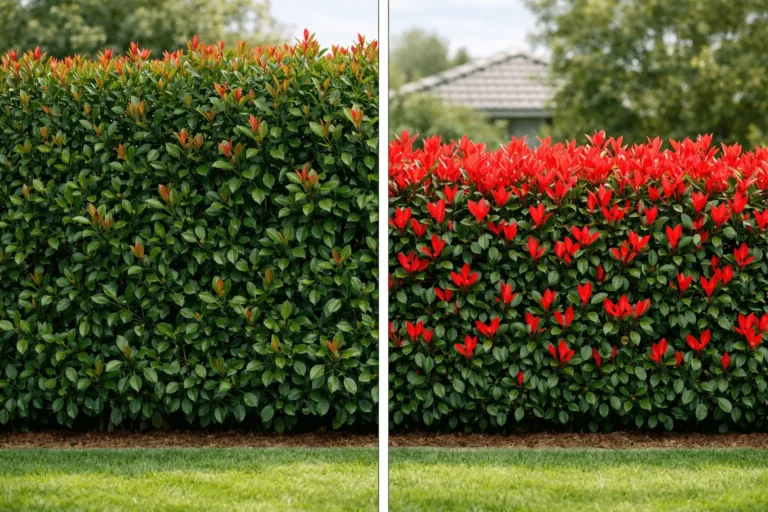 Photinia robusta vs red robin hedge comparison showing height and foliage differences in a landscaped garden