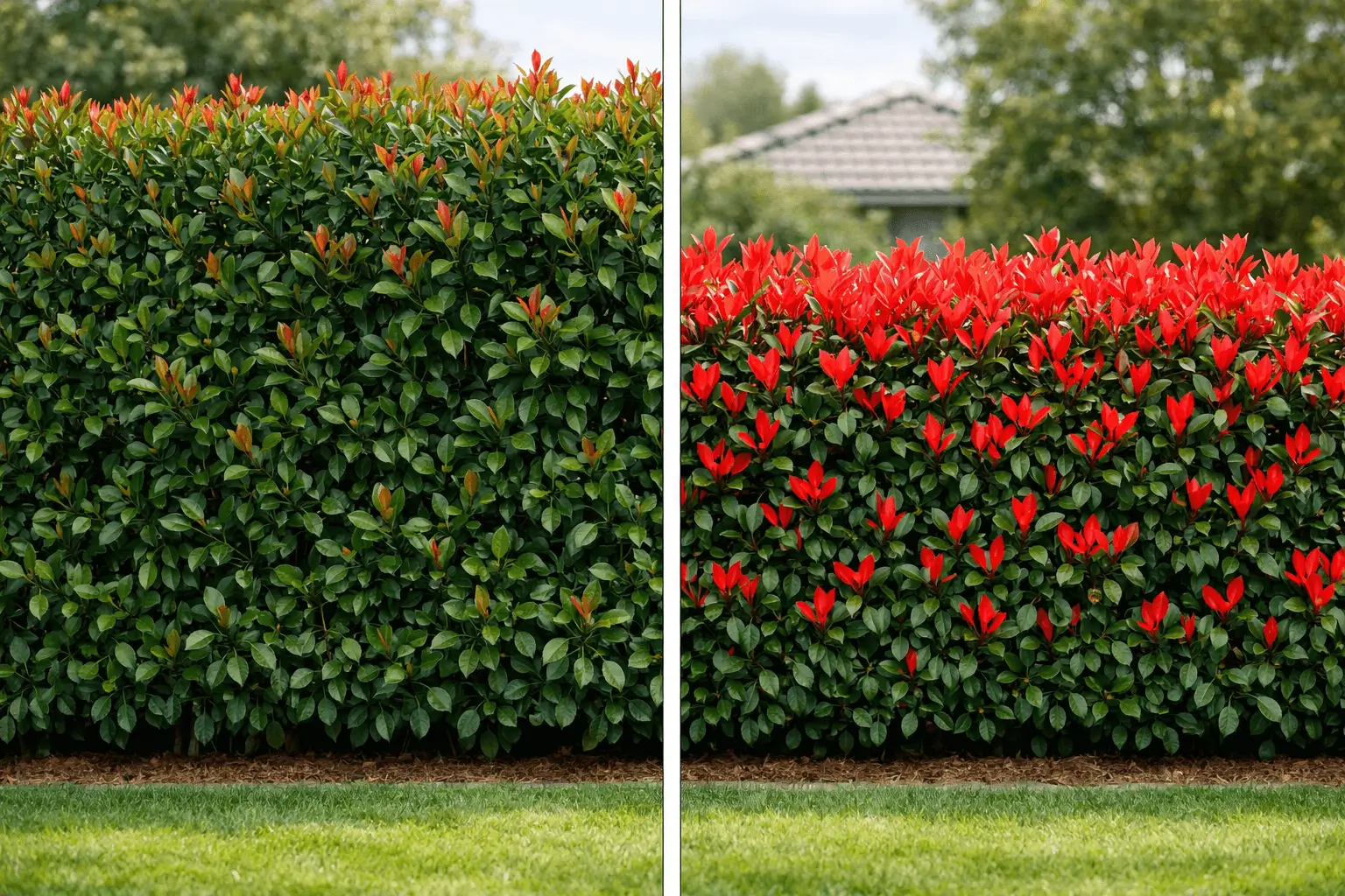 Photinia robusta vs red robin hedge comparison showing height and foliage differences in a landscaped garden