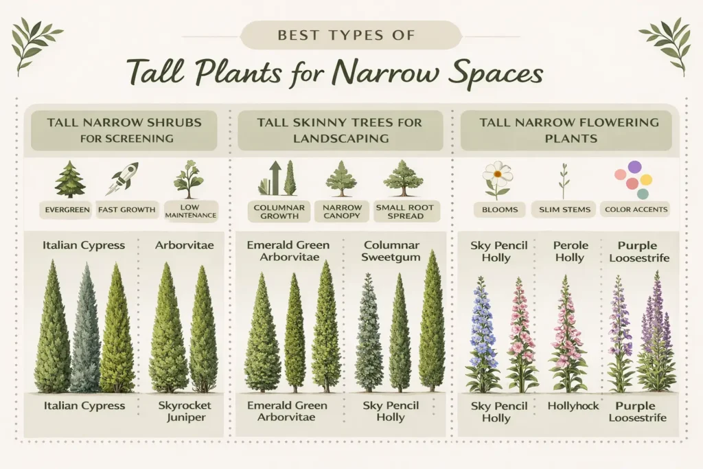 Vertical infographic titled “Best Types of Tall Plants for Narrow Spaces” showing three columns: tall narrow shrubs for screening, tall skinny trees for landscaping, and tall narrow flowering plants with modern botanical icons and clean green design.