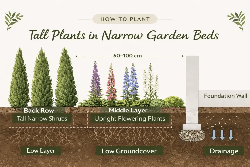 16:9 soil cross-section infographic titled “How to Plant Tall Plants in Narrow Garden Beds” showing tall plants for narrow spaces arranged in back, middle, and front layers with spacing markers (60–100 cm), root zone illustration, foundation wall diagram, and drainage arrows in a clean technical garden layout.