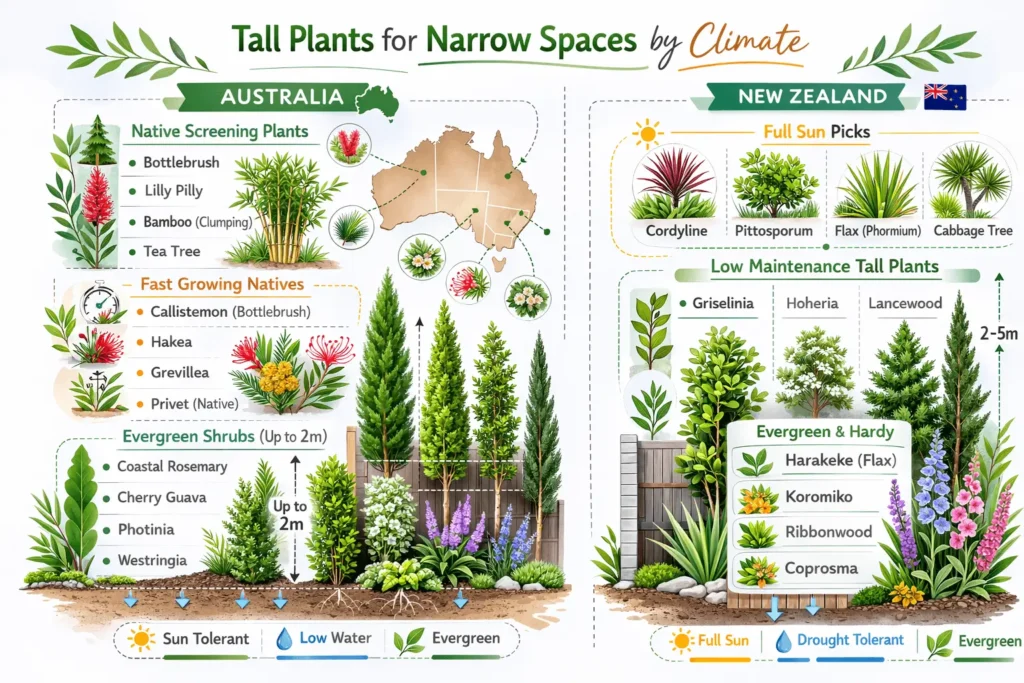 16:9 split-layout infographic titled “Tall Plants for Narrow Spaces by Climate” featuring Australia and New Zealand map outlines with icons for native screening plants, fast growing natives, evergreen shrubs to 2 metres, full sun picks, and low maintenance tall plants, using clean botanical design with sun, water, and evergreen symbols.