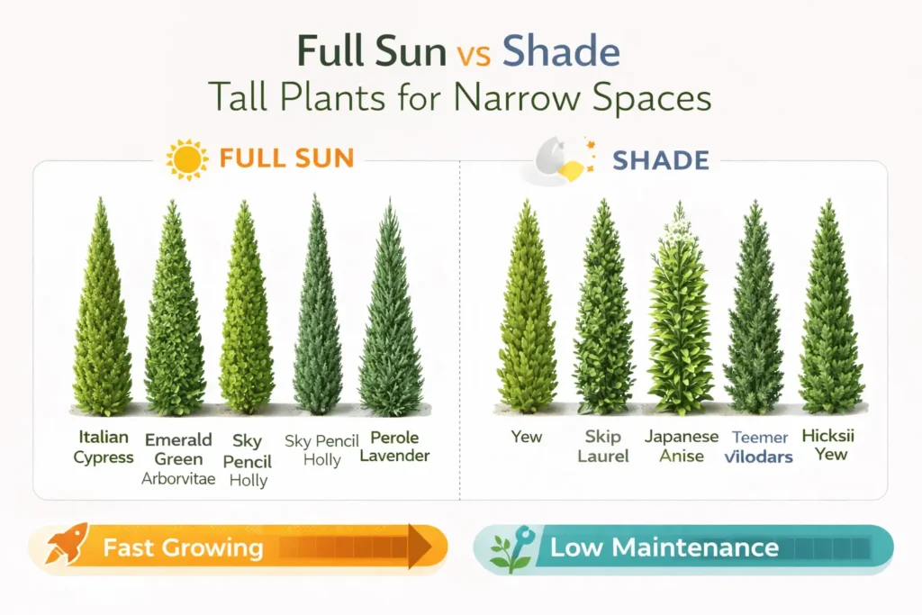 16:9 comparison infographic titled “Full Sun vs Shade Tall Plants for Narrow Spaces” showing full sun and shade-friendly tall plants for narrow spaces with vertical plant silhouettes, sun and soft light icons, and fast growing vs low maintenance comparison bars in a clean modern design.