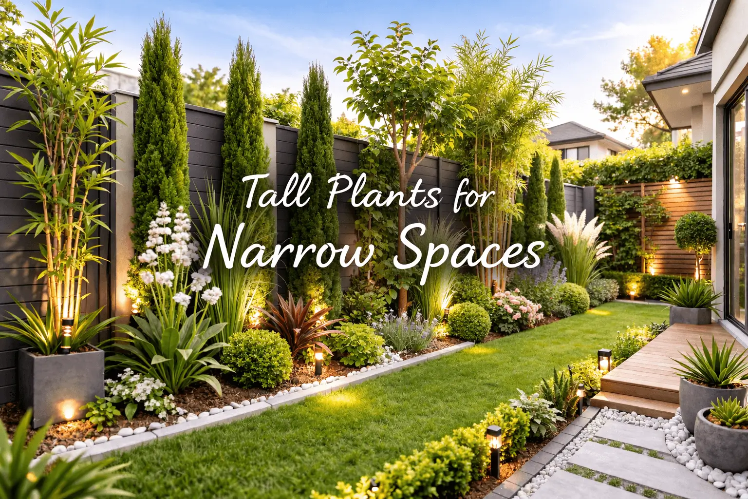 Tall plants for narrow spaces arranged along a slim backyard fence line, featuring columnar evergreen shrubs, bamboo, and vertical flowering plants creating a lush privacy screen in a modern small garden with preserved lawn space.